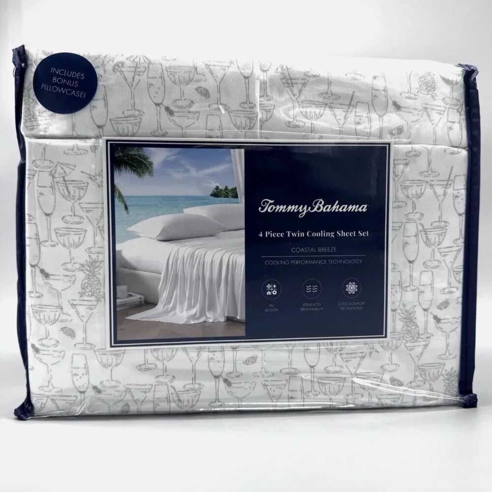 NEW 4pc Tommy Bahama Tropical Cocktail Drinks TWIN Cooling Sheet Set Island Time